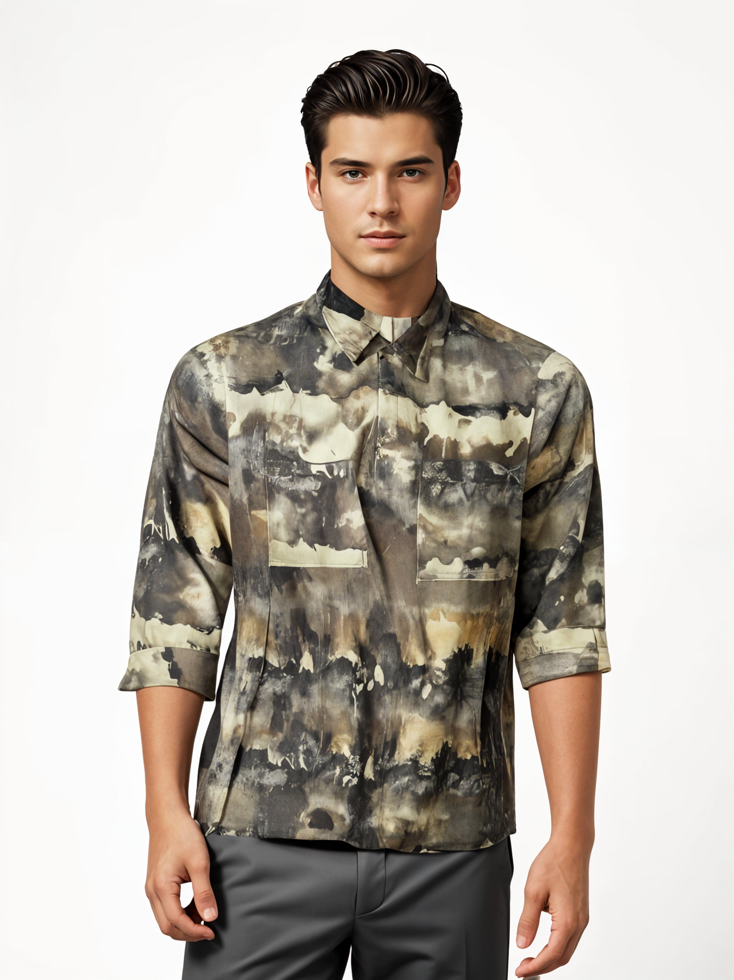 H&M Relaxed Fit Patterned shacket - Khaki green/Patterned