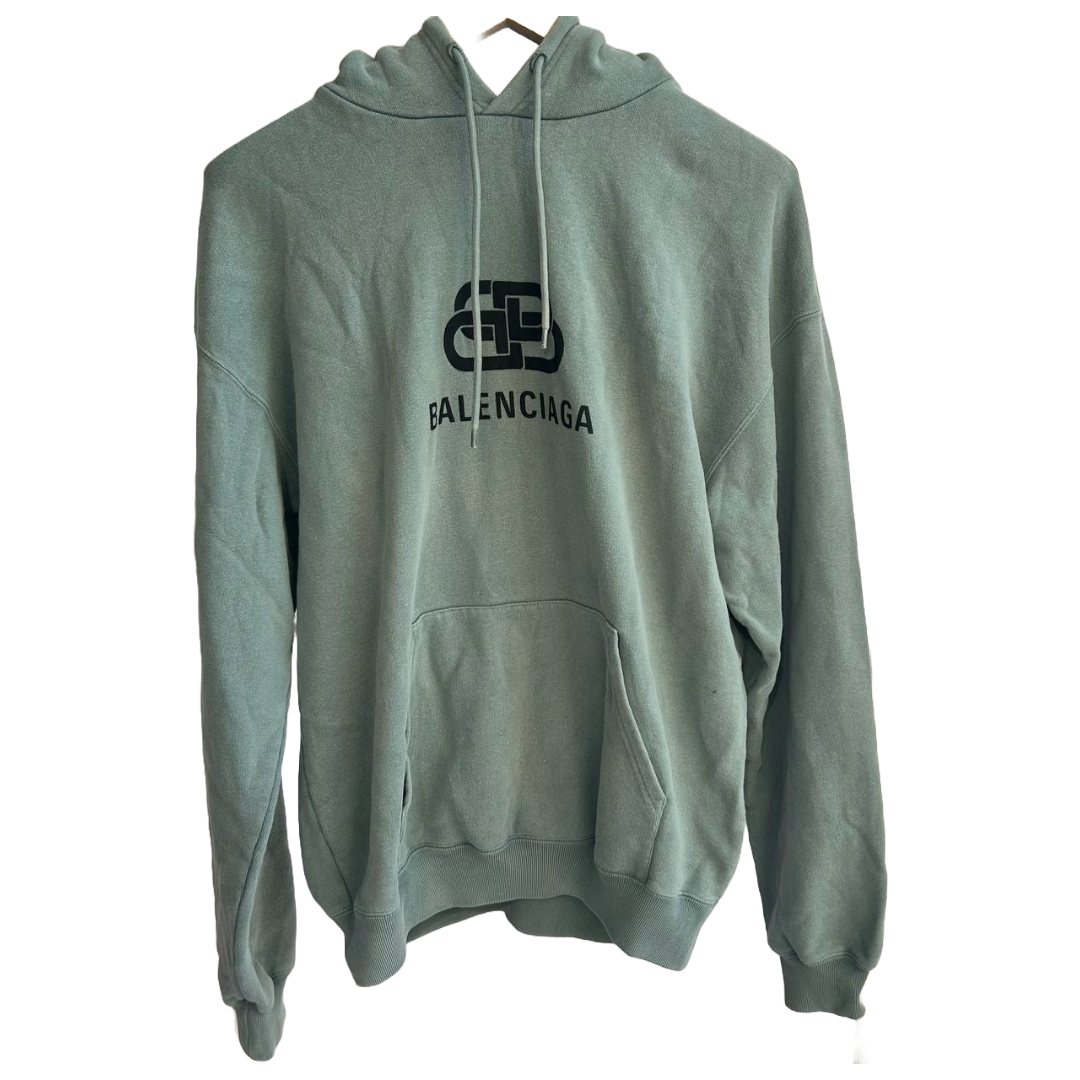 Balenciaga Blue Logo Print Cotton Knit Hoodie