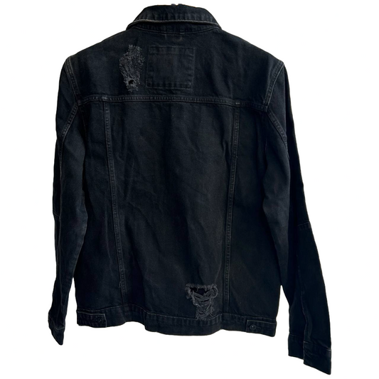 Zara Men's XL Black Stripe Cotton Distressed Ripped Thrashed Denim Jacket