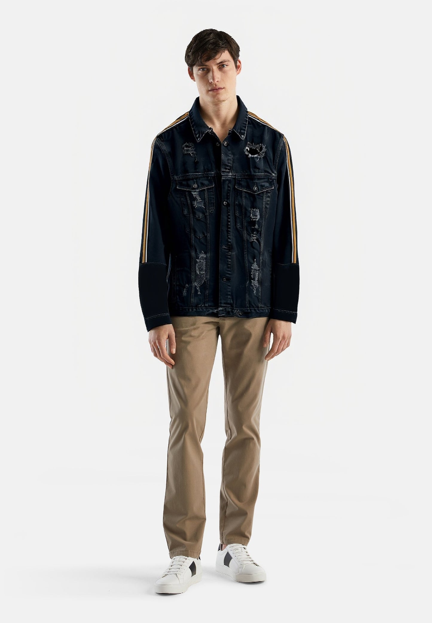 Zara Men's XL Black Stripe Cotton Distressed Ripped Thrashed Denim Jacket