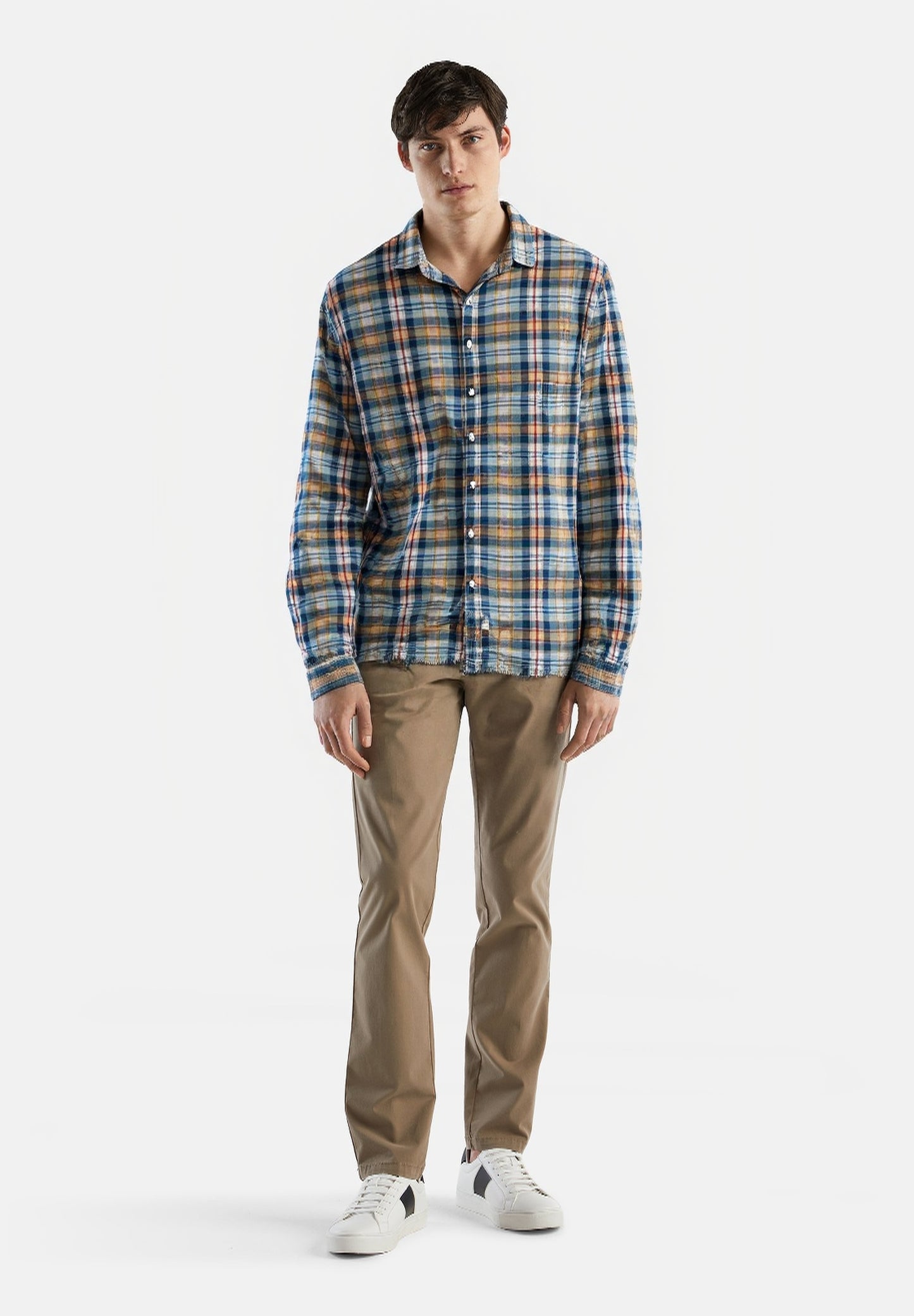 Frame Water Blue Multicolor Plaid Flannel Fringe Shirt