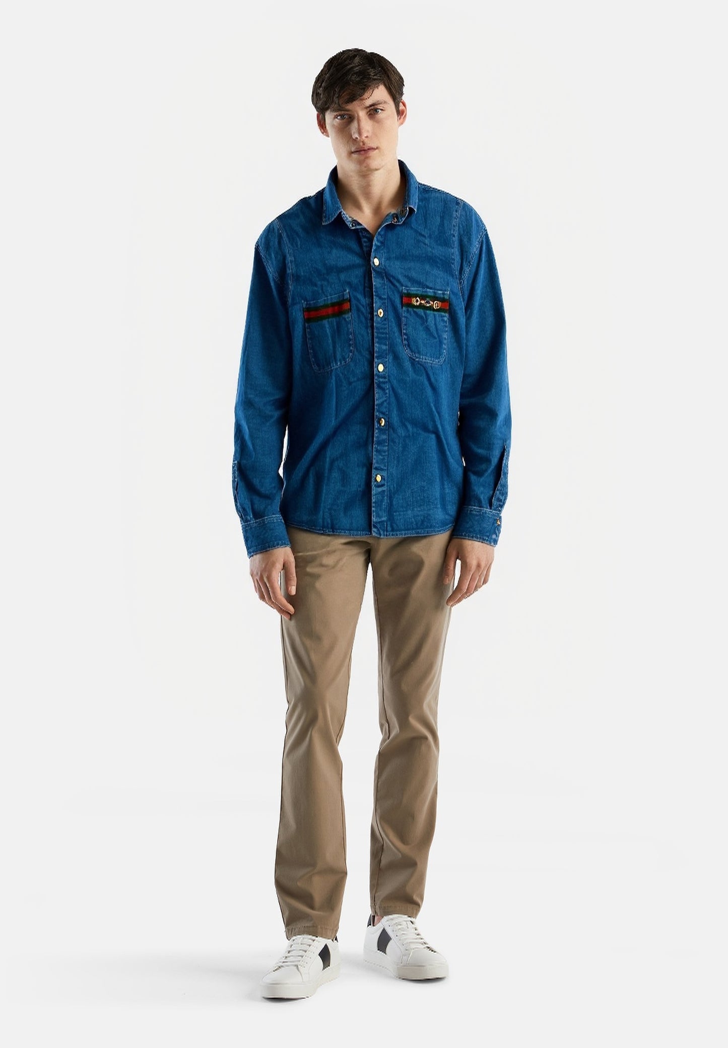 Gucci Blue Denim Web Detail Long Sleeve Shirt