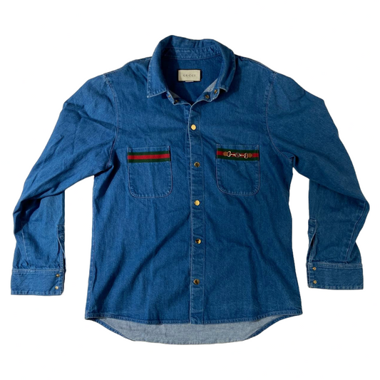 Gucci Blue Denim Web Detail Long Sleeve Shirt