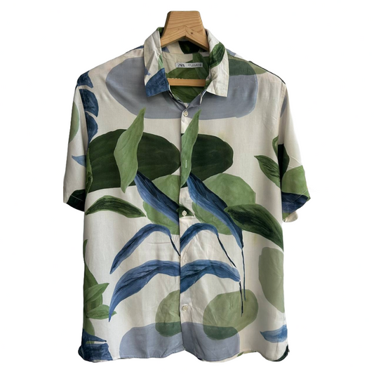 Zara White Patterned Cuban Shirt
