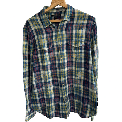 John Varvatos USA Large Pearl Snap Plaid Western Shirt Long Sleeves Lightweight