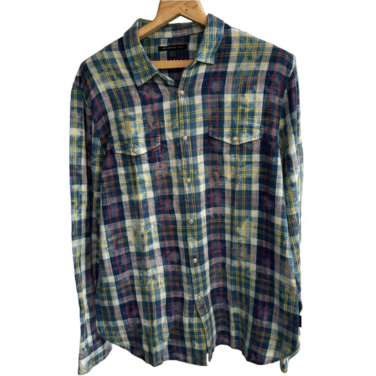 John Varvatos USA Large Pearl Snap Plaid Western Shirt Long Sleeves Lightweight
