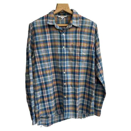 Frame Water Blue Multicolor Plaid Flannel Fringe Shirt