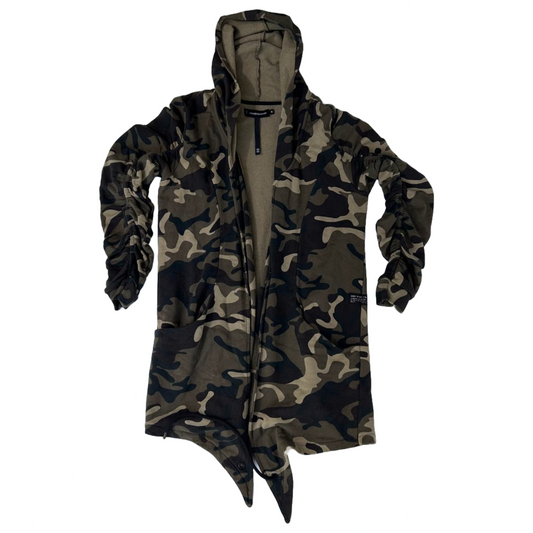 Ashes to Dust camouflage-patterned long cardigan with a hood