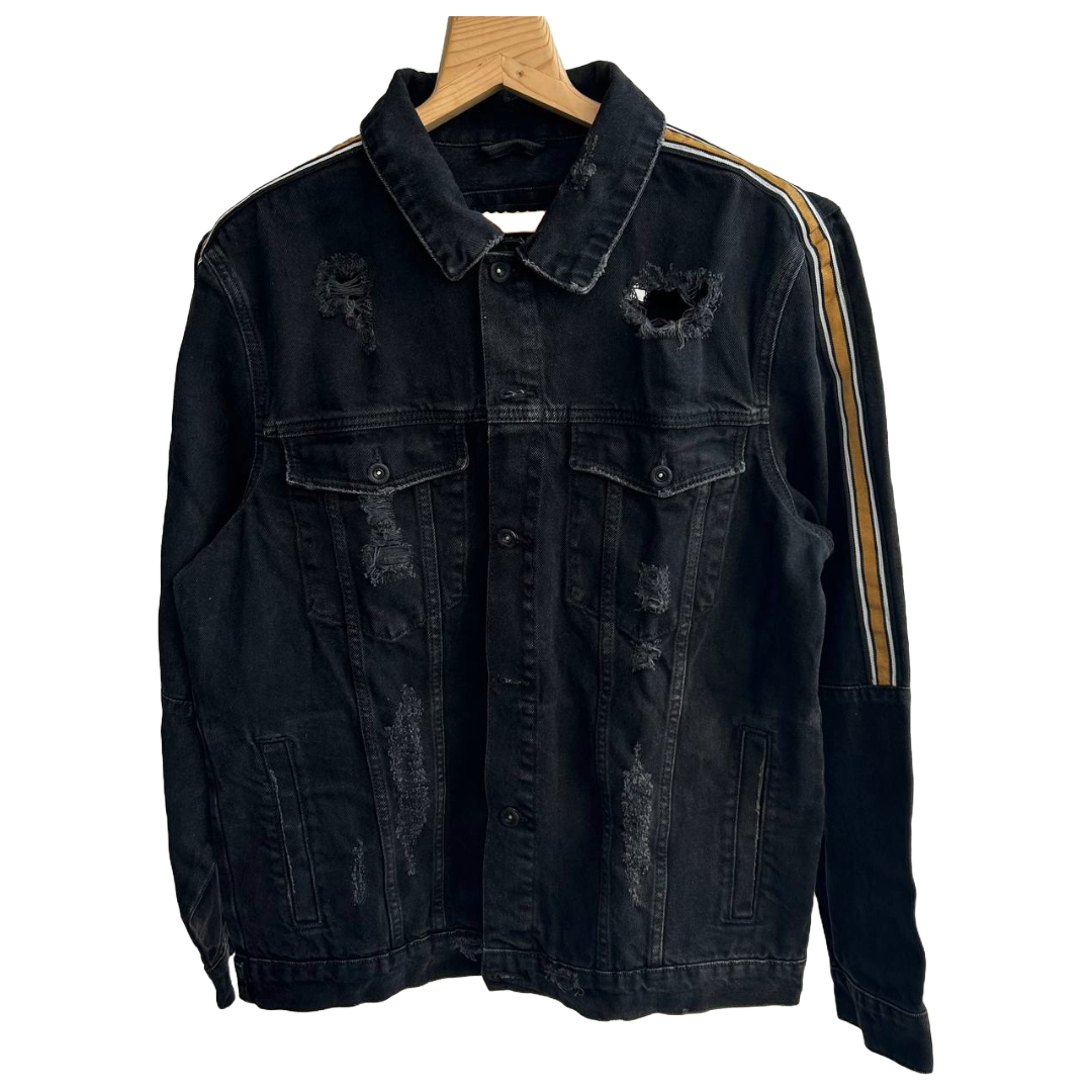 Zara Men's XL Black Stripe Cotton Distressed Ripped Thrashed Denim Jacket