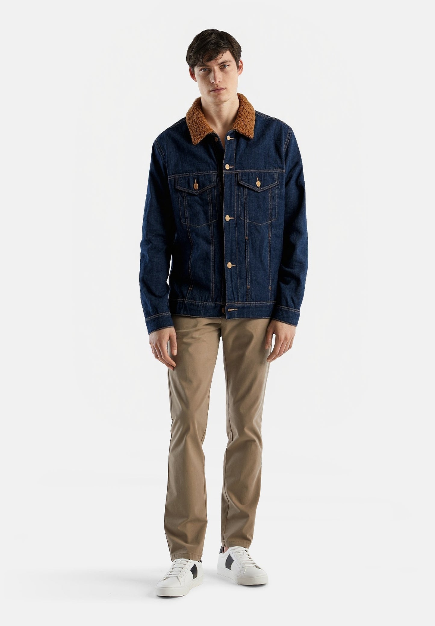 Zara Man Sherpa Lined Denim Jacket Dark Wash Blue